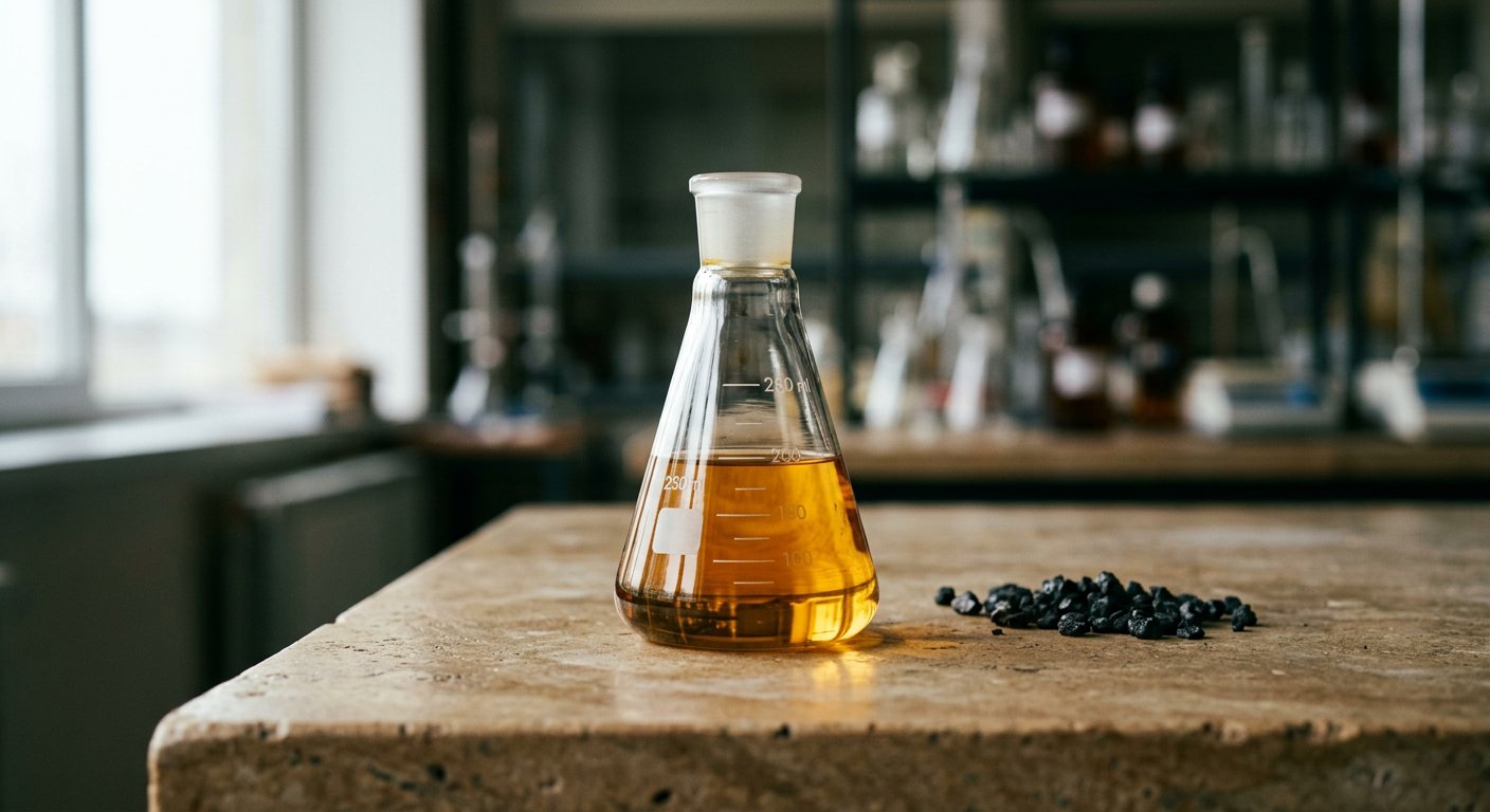 Amber pyrolysis oil in a laboratory flask