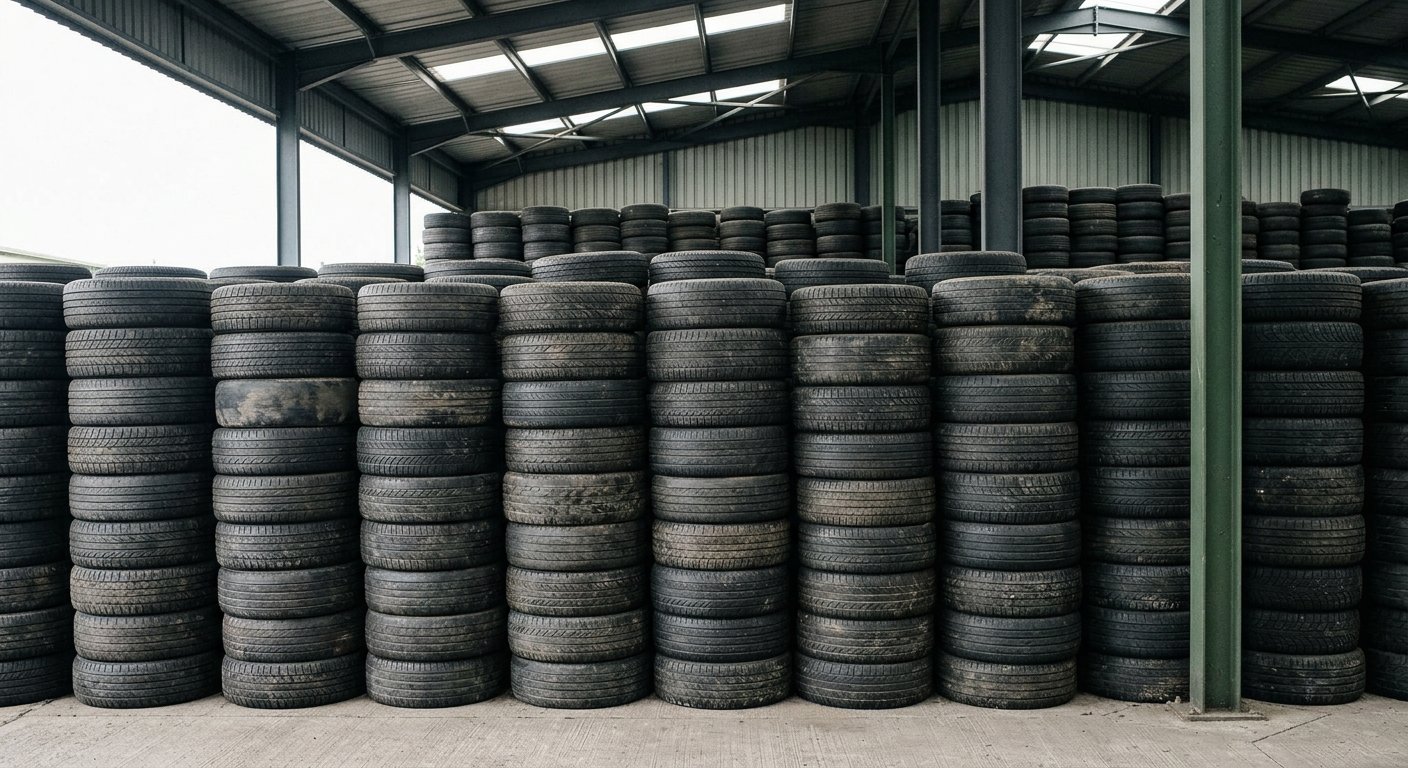 Neatly stacked waste tyres awaiting processing